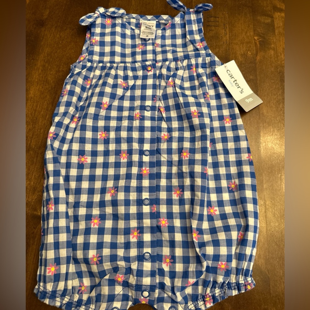 NWT Carter's Gingham Baby Girl Romper Infant Blue‎ 9M Floral Easter Party Garden